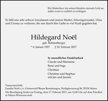 Traueranzeige von Hildegard Noel von Trauerportal Rhein Main Presse