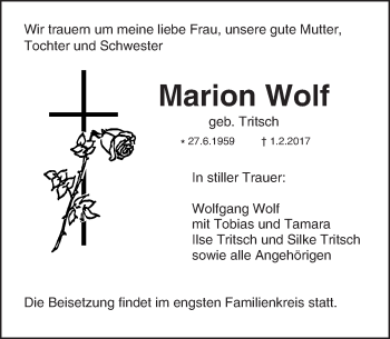 Traueranzeige von Marion Wolf von Trauerportal Rhein Main Presse