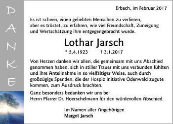Traueranzeige von Lothar Jarsch von Trauerportal Echo Online