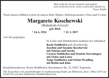 Traueranzeige von Margarete Koschewski von Trauerportal Rhein Main Presse
