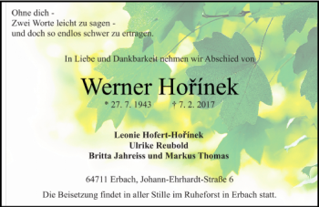 Traueranzeige von Werner Horínek von Trauerportal Echo Online