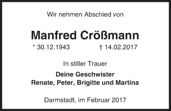 Traueranzeige von Manfred Crößmann von Trauerportal Echo Online