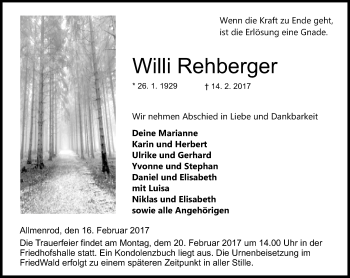 Traueranzeige von Willi Rehberger von VRM Trauer