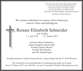 Traueranzeige von Renate Elisabeth Schneider von  Usinger Anzeiger