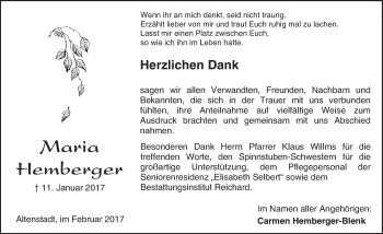 Traueranzeige von Maria Hemberger von  Kreisanzeiger