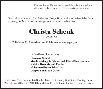Traueranzeige von Christa Schenk von Trauerportal Rhein Main Presse Traueranzeige von Christa Schenk von Trauerportal Rhein Main Presse