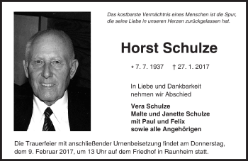 Traueranzeige von Horst Schulze von Trauerportal Rhein Main Presse
