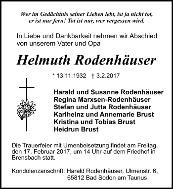 Traueranzeige von Helmuth Rodenhäuser von Trauerportal Echo Online