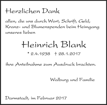 Traueranzeige von Heinrich Blank von Trauerportal Echo Online