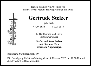 Traueranzeige von Gertrude Stelzer von Trauerportal Rhein Main Presse