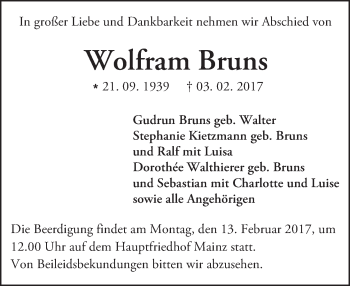 Traueranzeige von Wolfram Bruns von Trauerportal Rhein Main Presse