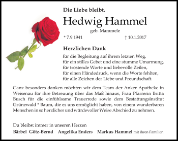 Traueranzeige von Hedwig Hammel von Trauerportal Rhein Main Presse