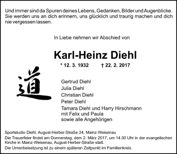 Traueranzeige von Karl-Heinz Diehl von Trauerportal Rhein Main Presse