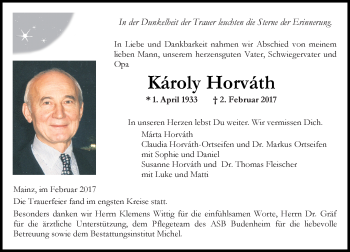 Traueranzeige von Károly Horváth von Trauerportal Rhein Main Presse