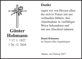 Traueranzeige von Günter Hohmann von Trauerportal Rhein Main Presse