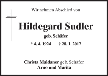 Traueranzeige von Hildegard Sudler von Trauerportal Rhein Main Presse