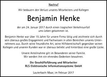 Traueranzeige von Benjamin Henke von VRM Trauer