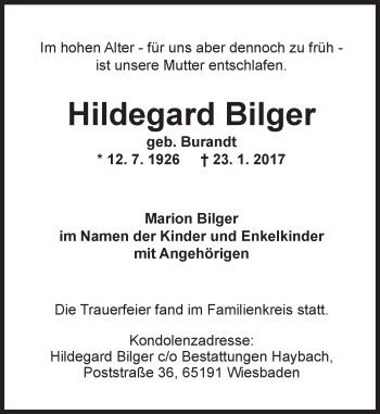 Traueranzeige von Hildegard Bilger von Trauerportal Rhein Main Presse Traueranzeige von Hildegard Bilger von Trauerportal Rhein Main Presse