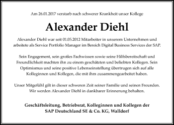 Traueranzeige von Alexander Diehl von Trauerportal Echo Online