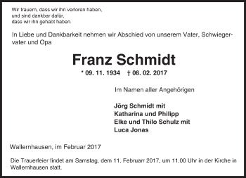 Traueranzeige von Franz Schmidt von  Kreisanzeiger