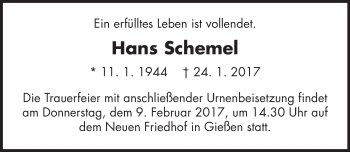 Traueranzeige von Hans Schemel von  Gießener Anzeiger