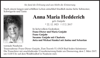 Traueranzeige von Anna Maria Hedderich von Trauerportal Rhein Main Presse