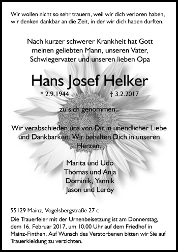 Traueranzeige von Hans Josef Helker von Trauerportal Rhein Main Presse