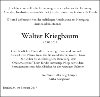 Traueranzeige von Walter Kriegbaum von Trauerportal Echo Online