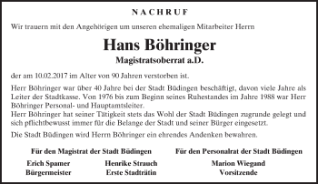 Traueranzeige von Hans Böhringer von  Kreisanzeiger