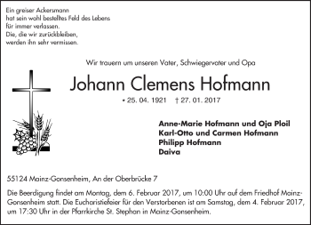 Traueranzeige von Johann Clemens Hofmann von Trauerportal Rhein Main Presse