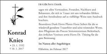 Traueranzeige von Konrad Knies von Trauerportal Echo Online