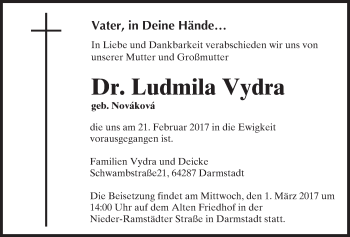 Traueranzeige von Ludmila Vydra von Trauerportal Rhein Main Presse