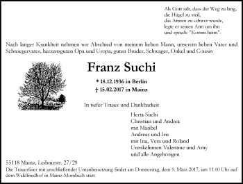 Traueranzeige von Franz Suchi von Trauerportal Rhein Main Presse
