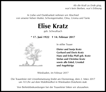 Traueranzeige von Elise Kratz von Trauerportal Rhein Main Presse