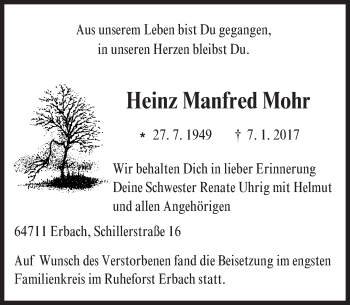 Traueranzeige von Heinz Manfred Mohr von Trauerportal Echo Online