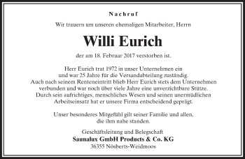 Traueranzeige von Willi Eurich von VRM Trauer
