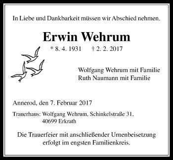 Traueranzeige von Erwin Wehrum von  Gießener Anzeiger