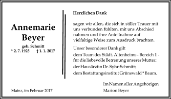 Traueranzeige von Annemarie Beyer von Trauerportal Rhein Main Presse
