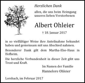 Traueranzeige von Albert Ohleier von Trauerportal Rhein Main Presse