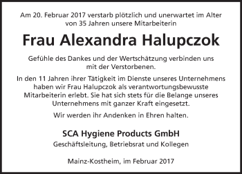 Traueranzeige von Alexandra Halupczok von Trauerportal Rhein Main Presse