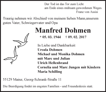 Traueranzeige von Manfred Dohmen von Trauerportal Rhein Main Presse