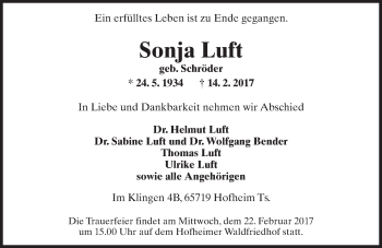 Traueranzeige von Sonja Luft von Trauerportal Rhein Main Presse