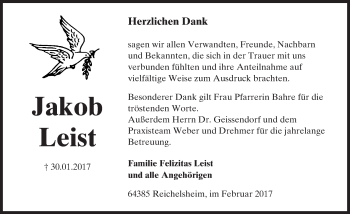 Traueranzeige von Jakob Leist von Trauerportal Echo Online
