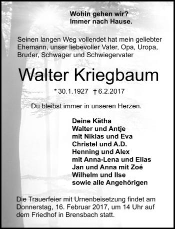 Traueranzeige von Walter Kriegbaum von Trauerportal Echo Online