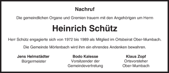 Traueranzeige von Heinrich Schütz von Trauerportal Echo Online
