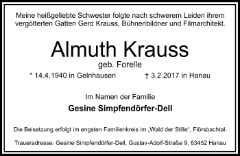 Traueranzeige von Almuth Krauss von  Gelnhäuser Tageblatt