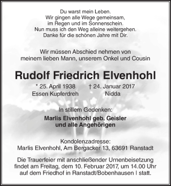 Traueranzeige von Rudolf Friedrich Elvenhohl von  Kreisanzeiger