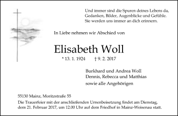 Traueranzeige von Elisabeth Woll von Trauerportal Rhein Main Presse