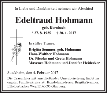 Traueranzeige von Edeltraud Hohmann von  Kreisanzeiger