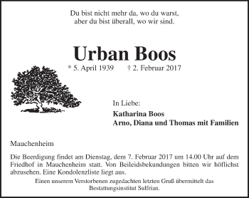 Traueranzeige von Urban Boos von Trauerportal Rhein Main Presse